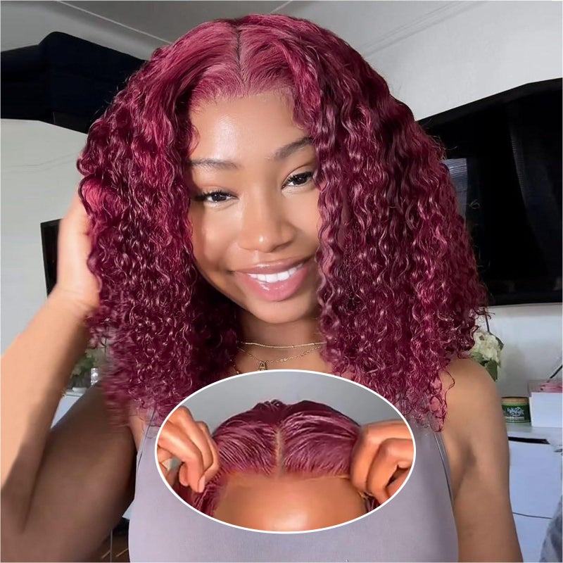 Ailwelia Curly Bob Wig Human Hair Deep Wave 200 Density 5x5 HD Lace Closure Wigs Human Hair Bob Wigs For Black Women Wear And Go Glueless Curly Wig Burgundy Color 14 Inch